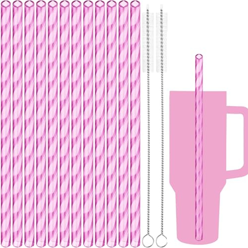 NiHome 12PCS Wave Pattern Drinking Straws for 40oz Stanley Tumbler with 2 Cleaning Brushes, 12 Long Durable PETG Material BPA-Free & Non-Toxic for Water, Cold Drinks, Milkshakes & More (Pink)