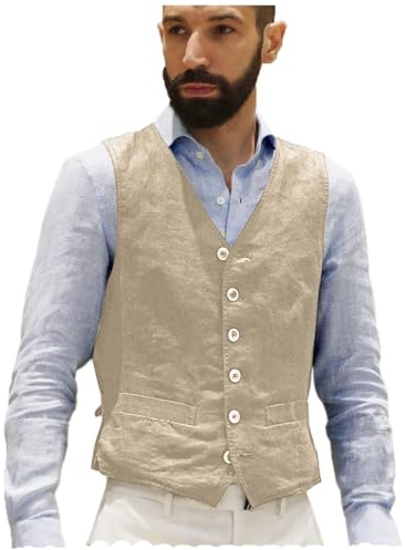 AeoTeokey Gilet d'été en lin pour homme, style vintage, rétro, business, fête, coupe droite, champagne, S