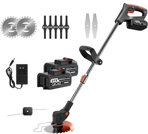 Corte de borde inalámbrico con batería, desbrozadora eléctrica inalámbrica con 4 tipos de cuchillas, plegable retráctil cabeza giratoria, para corte de jardín, céspedes y tierras agrícolas (2 Bateria)