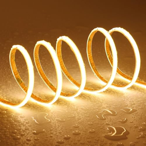 TOPAI 12V COB LED Streifen 5M Warmweiß Schmal 5mm Wasserdicht IP65 | LED Band 3000K Außen, 3000Lumen, CRI>90, Hohe Dichte 400LED/M, Flexible Selbstklebend Schneidbar