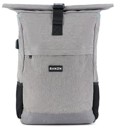 RANZN® – London – Premium Rucksack Herren & Damen, Rolltop Freizeit-Rucksack mit USB-Ladebuchse, Wasserabweisend, Diebstahlsicherung, Wanderrucksack, Backpack mit Laptopfach, Grau