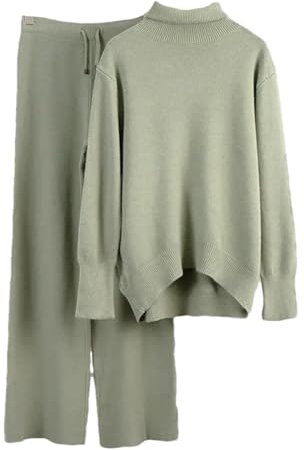 Rollkragen-Stricksets für Damen, übergroßer Pullover und Hose mit weitem Bein, Trainingsanzug, 2-teiliges Outfit, Grau-GN8, Einheitsgröße