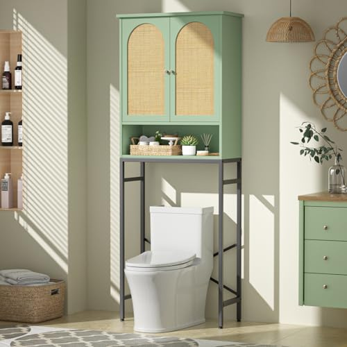 Befrases Rattan Toilet Storage Cabinet, Over The Rack Wood Cabinet with Metal Stand, Bathroom Organizer with Adjustable Shelf, Space Saving Cupboard for Small Bathrooms, Washer Shelf, Green