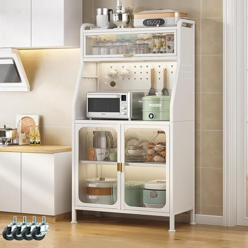 YOIZO Küchenschrank 76cm, Buffetschrank, Mutfak Dolabı, 5-stufiges Vorratsschrank, Mikrowellenschrank Hochschrank Küche mit Verstellbaren Ablagen mit Türen Weiß (76x36x162cm)