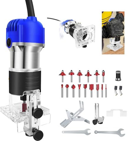 Oberfräse 800 W, Oberfräse mit Tiefen-Feineinstellung inkl. Zirkel, Parallelanschlag, Staubsaugeranschluss, Schablonenführung & Spannzangen | 220V 800W Oberflächenfräse mit 40mm Hubhöhe