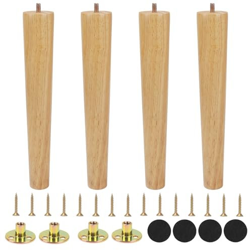 FOGAWA 4 Piezas conicas Patas de Madera para Muebles de Mesa, Sofa, Reemplazo (30 cm) con Placa de Montaje Tornillos y Protector Antideslizante