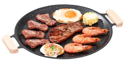 JACKANNA Korean Grill Pan Teppanyaki Outdoor Frying Pan Grill Pan Premium Steel Charcoal Pan Suitable for All Types of Grills/Oven (with Wooden Handle, 30 cm)
