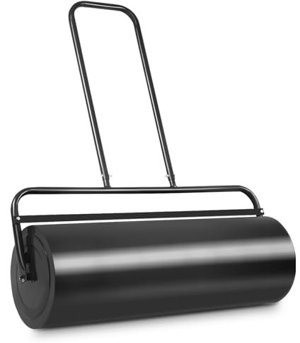 SOARS Rouleau à Gazon 48L, Grand Rouleau 65 X 32 CM, Rempli de Sable/Eau, Cadre Métallique avec Poignée en U & Bouchon de Vidange Amovible, Outillage de Jardin pour Cour, Prairie, Ferme (Noir-48L)