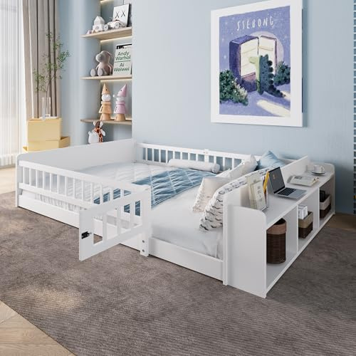 Merax Kinderbett Bodenbett 140x200 cm mit Rausfallschutz & Lattenrost, öffnbarem Zaun - Montessori Bett mit offenem Stauraum & Ablagen, Holz Bettgestell, Jugendbett, bis 200 kg belastbar