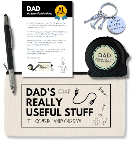 Fathers Day Gift or Dad's Birthday Present - Dad Tape Measure, Multi-tool Pen, Keyring, Card & Dad's Really Useful Stuff Pouch – a funny fathers day gift for men/Dad from a son or daughter