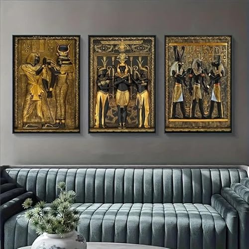 Baibexing 3 Pezzi Di Arte Murale Religiosa Egiziana Vintage, Serie Di Dipinti Su Tela Neri E Dorati, Poster E Stampe, Immagine Per La Casa. 40X60Cmx3Pcs Senza Telaio