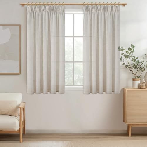 MRTREES Gardinen mit Kräuselband Elfenbeinweiß Leinenoptik Kurz Fenster Wohnzimmer, Vorhang Leinen Halbtransparent 2er Set 137 cm Lang 140 cm Breit, Vorhänge Küche Kinderzimmer Landhausstil