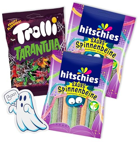 Lot Halloween bonbons gélifiés – 1x Trolli Tarantula 150g & 2x Hitschies Pattes d’araignée 125g – Bonbons acidulés + autocollant fantôme – Idéal pour fêtes d’Halloween et décoration
