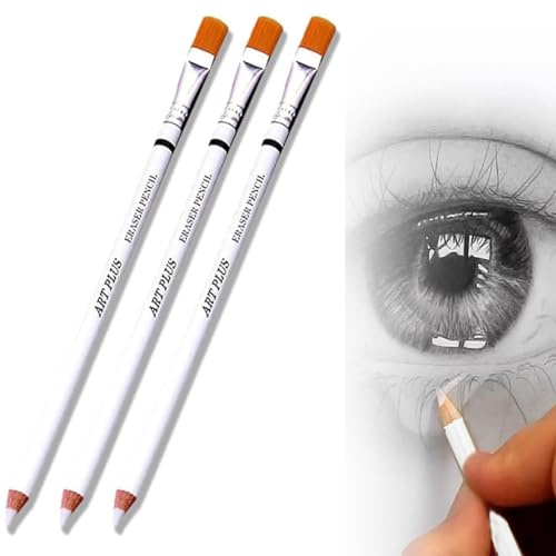 3Pcs Wooden Sketching Eraser Pencils with Brush Precision Detail Erasers for Charcoal, Graphite & Drawing, Professional Artist Revision Tools (Rubber Tip)