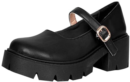 Momolaa New UK 4 Women's Chunky Platform Mary Janes Shoes Retro Buckle Strap Fashion Loafers Lug Sole Slip On Round Toe Mid Heel Chunky Pumps for Uniform Graduation School Party Gift Footwear Black