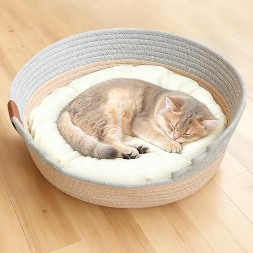 Orifesio Katzenbett mit Kissen, 47cm Waschbar Katzenkorb zum Schlafen, Katzenkörbchen aus Baumwollseilen Geflochten, Rund Haustierbett für Alle Katze All Season Universal