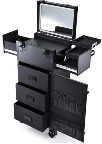 Makeup Case on Wheels with Drawers Beauty Trolley with Lighted Mirror Make Up Rolling Case Hairdressing Trolley on Wheels Lockable with Detachable LED Mirror, Black