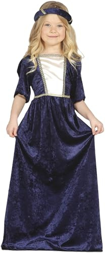 FIESTAS GUIRCA Costume da Dama Medievale per Bambine, Abito Lungo in Velluto Blu Navy con Dettagli Dorati, 10-12 Anni, Altezza 143-151 cm