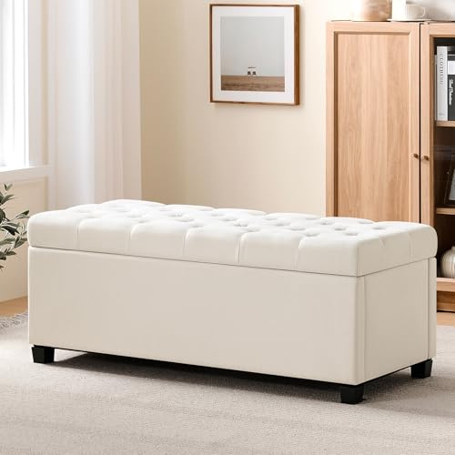 47.2 Ottoman with Storage, Storage Ottoman Bench with Safety Hinge,Tufted End of Bed Bench, Upholstered Entryway Bench for Bedroom, Living Room & Window (Ivory-Upgraded Version)