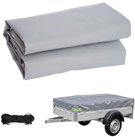 Anhängerplane nach Maß 207.5x114x10 cm - Extra Stark 500g/m² PVC LKW-Plane - Wasserdicht & Reißfest - Grau - Mit 4X Reflektorstreifen, Alu-Ösen & 6mm Expanderseil - Profi Abdeckplane für PKW Anhänger