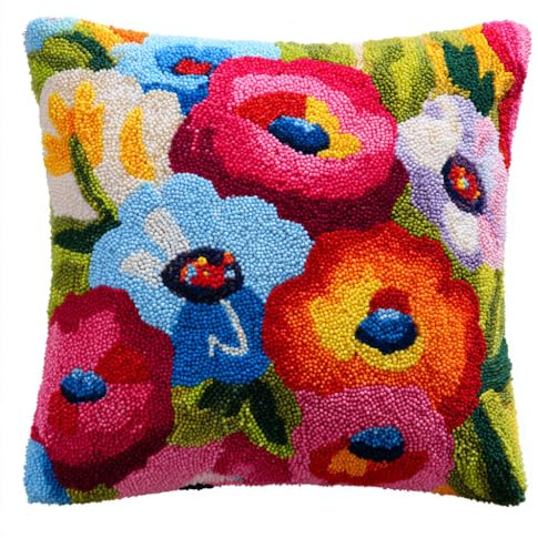 Henypt Kits de Crochet de Verrouillage, fleurs Coussin au Point Noué, Kit de Crochets de avec Fournitures de Tricot et Fil, Tapis Imprimé Coussin Crochet 43x43cm
