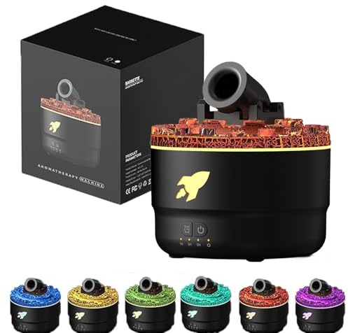Aromatherapy Diffuser Humidifiers, Humidifiers with Timer for Bedroomm, Volcano Turret Creative Smoke Rings Humidifiers with Color LED Light, Waterless Auto-Shut Off, for Bedroom Home Office (Black)