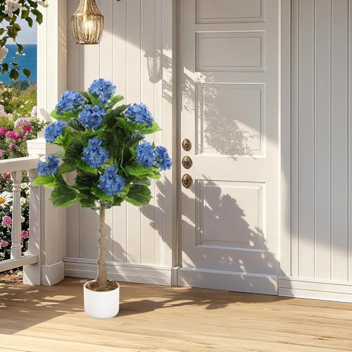 GarveeLife Árbol de hortensias Artificial de 95 cm en Maceta, 9 Flores Azules realistas, Maceta Negra para Sala de Estar, Oficina, decoración de Interiores