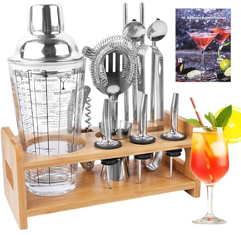 13 Pieces Cocktail Making Set, Cocktail Shaker Set Barware Glass Cocktail Shaker with Recipes On Side Bar Tool Set Bartender Kit with Display Stand for Home & Bar
