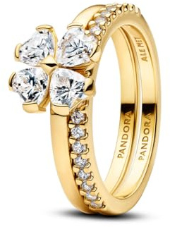 PANDORA Ring lyckoklöver som delas i 14 karat förgyllning med kubisk zirkon, set om 2 damringar med hjärtformade stenar och Pavé-ringskena, stapelbar, storlek: 54, 164507C01-54