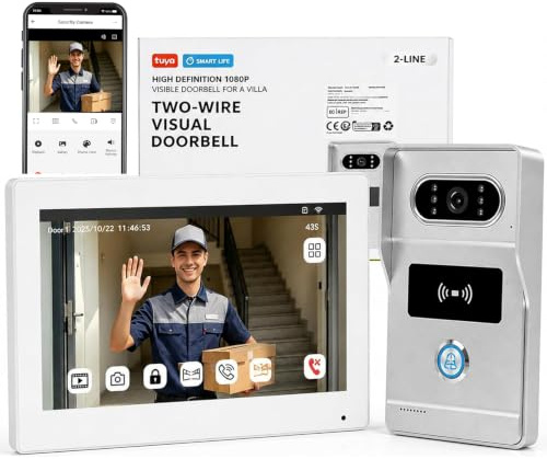 OBO HANDS Visiophone Filaire 2 Fils avec Écran 7, Interphone Vidéo | Caméra Extérieure IP55, Vision Nocturne IR, Audio Bidirectionnel, Commande Serrure Électrique pour Maison et Portail