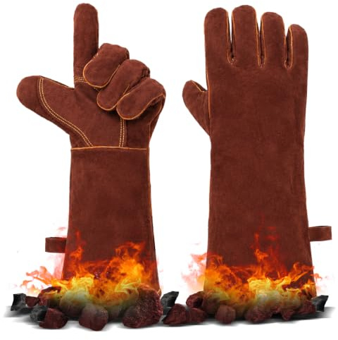 1 Par Guantes de Barbacoa de Cuero, 40CM Guantes de Soldador, Guantes Ignífugos, Guantes Barbacoa Altas Temperaturas, para Soldadura Parrilla Jardinería Chimenea, Pueden Colgar, 40x20cm, Marrón
