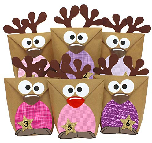 Papierdrachen Adventskalender 2025 zum Befüllen - 24 Rentiere aus Kraftpapier - rosa-lila - inkl. Zubehör - DIY Set zum Basteln & Gestalten
