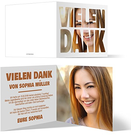 Jugendweihe Foto Dankeskarten ab 10 bis 100 Stück Menge wählbar, Klappkarten 148x148mm groß - Danksagungskarten Danksagung Jugendweihekarten - Fotoschrift