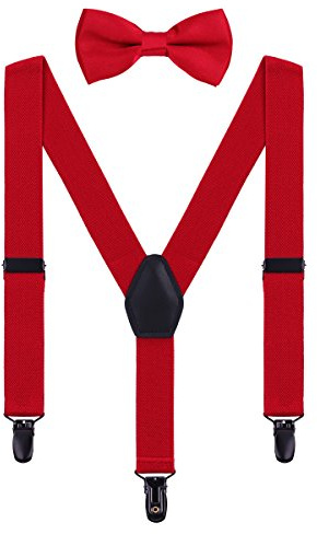 WANYING Niños Niñas Tirantes Pajaritas Conjunto 3 Negro Clips Y-forma Elástico Tirantes para Niños Bebé 1-5 Años - Rojo