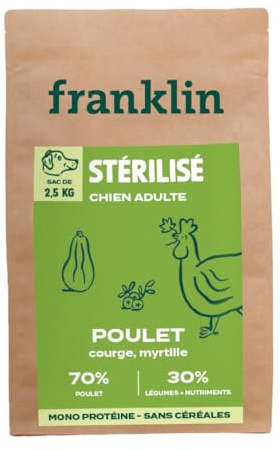 Franklin – Nourriture pour Chien Stérilisé – Gamme Protéinée – avec 70% de Poulet – Mono-protéine – sans Céréales – Forme Ronde 13mm – 2,5 kg