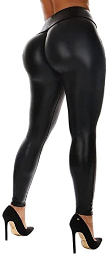 SEASUM Women's Faux Leather Leggings Pants PU Elastic Shaping Hip Push Up Black Sexy Stretchy High Waisted Tights S