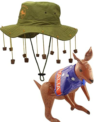 Dreamzfit - Adult Unisex AUSTRALIAN CORK HAT & INFLATABLE KANGAROO Aussie Australia Day Fancy Dress Kit Theme Party Carnival Cosplay, Khaki/Brown