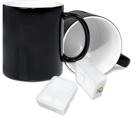 MR.R Set mit 2 Rohlingen für Sublimation, Geschirrspüler, 325 ml, weiß, leer, Keramik, magische Tasse, Farbwechsel, Kaffeetasse, leer, weißer Becher mit Griff, schwarz