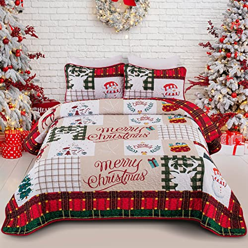 Menghomeus Weihnachts-Steppdecken-Set für Queen-Size-Betten, wendbar, Tagesdecke, Überwurf, rot-grün, kariert, Patchwork-Steppset, Weihnachtsbaum, Elch, Urlaub, Bettwäsche-Set, 3-teilig, 1 Steppdecke