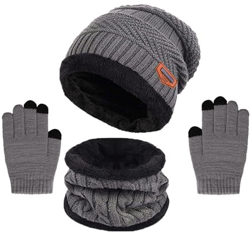 Kfnire Wintermütze Kinder Schal Handschuhe 3PCs Fleece Gefüttert Beanie Strickmützen Warmem Mütze, Schal & Touchscree Handschuhe-Sets Verdicken Fleece Thermisch für Jungen Mädchen, Grau