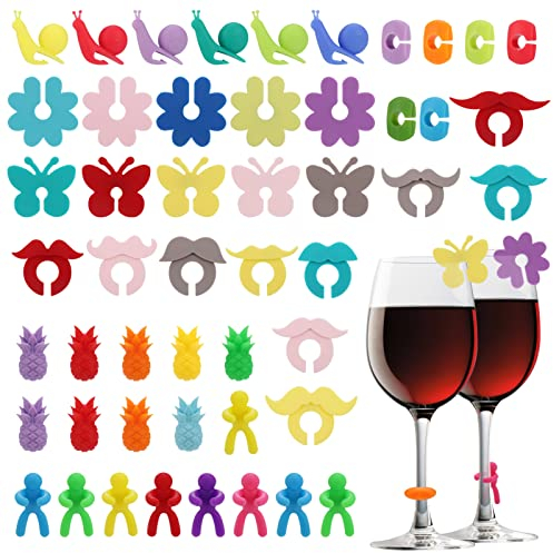 Hejo Segna Bicchieri Calici, 50 PZ Segna Bicchiere Riutilizzabili Segnabicchieri in Silicone, Identificatore del Bicchiere di Vino per Feste Bar