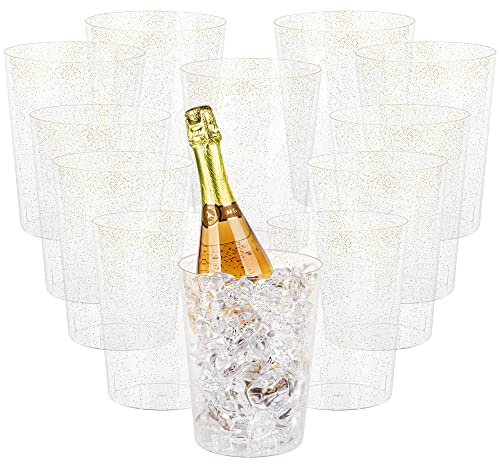 Tiawudi 12 Pack Plastic Ice Bucket For Parties, Gold Glitter Clear Wine Cooler for Wedding, Good as One Large Champagne Chiller Or Classic Wine Bottle Chiller