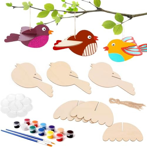 Yi'antai 3D-Vogel aus Holz Ostern, 10 Stück Vögel Holzbastelsets, Ostern Basteln DIY mit 12 Pigmente und 2 Pinsel und 1 Bildplatte, Basteln für Ostern und Frühling zum Dekorieren