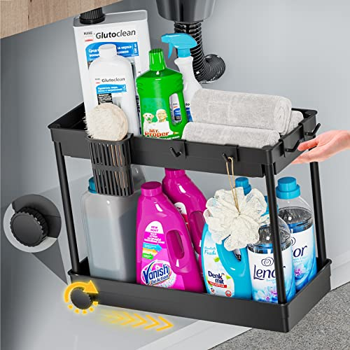 Waretary Under Sink Storage Kitchen Organiser, 2 Tier Slide Out Under Storage Box, Multi-Purpose Sink Cabinet Basket Organiser with 4 Hooks 1 Hanging Cup for Bathroom Kitchen(Black)