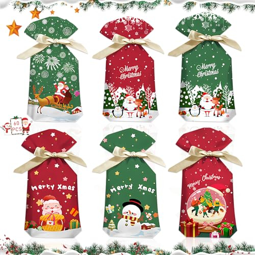 Lets Joy 60 Stück Weihnachtsbonbontüte, Weihnachten Geschenkbeutel, Weihnachtsbonbontüten mit Kordelzug, Weihnachtstüten Süßigkeiten, Candy Weihnachtsgeschenkbeutel, Kekstüten Weihnachten Pralinen