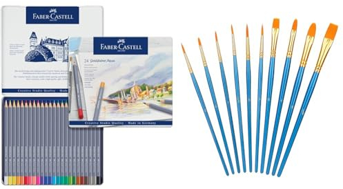 Faber-Castell 114624 - Aquarellstifte Goldfaber, 24-teiliges Buntstifte Set & Amazon Basics – Künstlerpinsel im Set, 10Stück verschiedene Größen für Künstler, Erwachsene und Kinder, Blau, 1 Packung