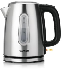 Zephir, Bollitore in Acciaio, Capacità 1,7L, Potenza 2200W max, Corpo in Acciaio, Resistenza Nascosta, Indicatore Luminoso, Pulsante on/off, Spegnimento Automatico