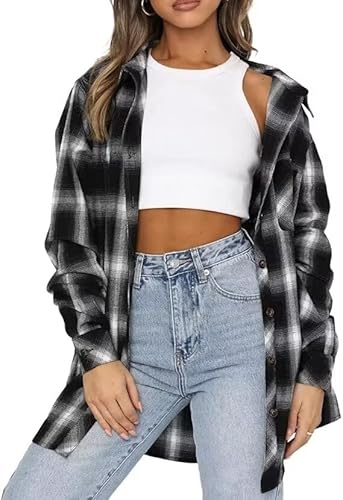 LACOZY Women Casual Flannel Shirts Buffalo Plaid Print Shirt Button Down Loose Fit Blouse Tops Black Small