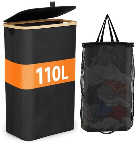 Fulasofia Wäschekorb mit Deckel 110 L, Pfandflaschen Sammelbehälter, Faltbarer Wäschekorb, Wäschesammler mit herausnehmbarer und waschbarer Innentasche, Pfandbehälter, Schwarz