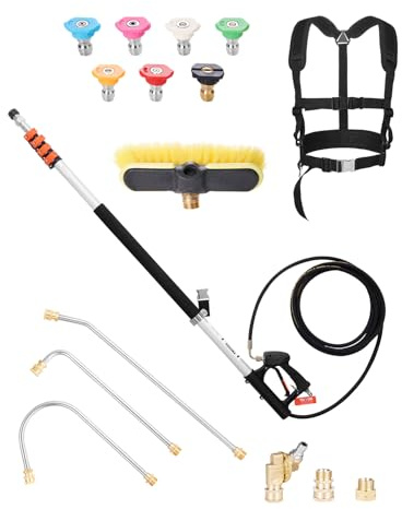 VEVOR Lance Télescopique pour Nettoyeur Haute Pression 6358 mm, Baguette Pulvérisation Télescopique 4000 psi avec Rallonges, Tête Brosse, Coupleur Pivotant, 7 Buses, Harnais de Support, pour Gouttière